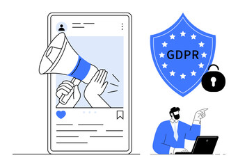 Megaphone in social post, GDPR security shield with lock, man at desk pointing. Ideal for data protection, security, social media, marketing, privacy digital law compliance. Simple flat metaphor