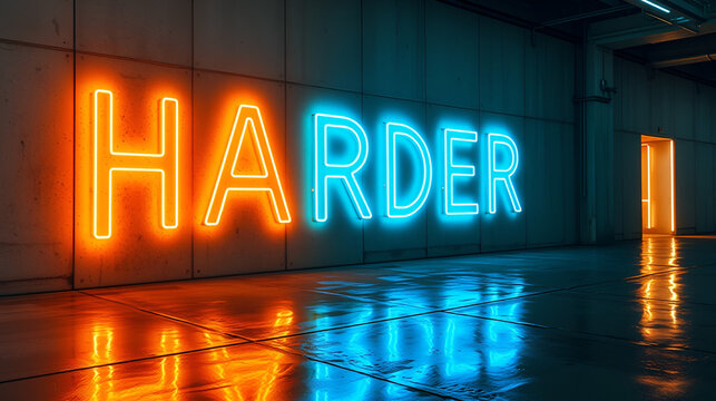 Naklejki Thick glowing harder faster in teal and gold tones on concrete wall with wet floor reflection and glowing wireframe details