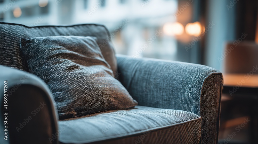 Poster cozy plush armchair with deep cushioning in sharp focus blurred background creating a serene lounge 