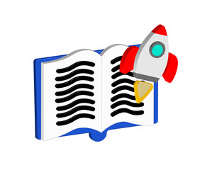Simple 3D illustration of an open book icon with a rocket. Transparent background, PNG format.