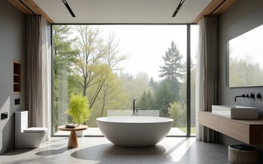 Modern minimalist bathroom with freestanding bathtub and large window overlooking nature. High quality