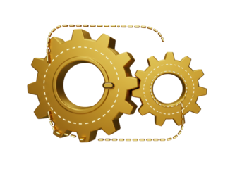 Isolated Golden Gear Mechanical Interlocking System with Chain Design, Conveying Collaboration and Connectivity on a White Background