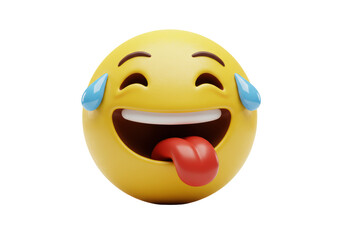 Isolated yellow emoji with a big smile, tongue sticking out, and tears of joy streaming down its face, representing laughter and amusement