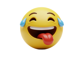 Isolated yellow emoji with a big smile, tongue sticking out, and tears of joy streaming down its face, representing laughter and amusement