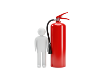 Isolated 3D rendering of a stylized faceless human figure standing next to a red fire extinguisher, both cast in shadow against a pure white backdrop, emphasizing safety and fire prevention