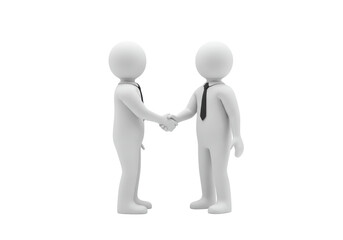 Isolated Two 3D Human Stick Figures in Business Attire Handshaking as a Symbol of Agreement, Collaboration, and Professional Partnership on White Backdrop