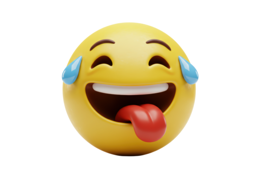 Isolated yellow emoji with a big smile, tongue sticking out, and tears of joy streaming down its face, representing laughter and amusement