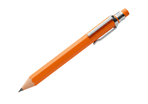 Isolated orange mechanical pencil with silver clip and eraser, studio shot