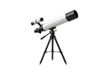 Isolated astronomical refracting telescope for celestial observation on a black tripod stand