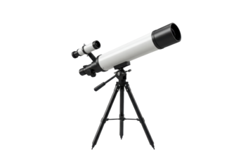 Isolated astronomical refracting telescope for celestial observation on a black tripod stand