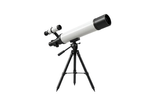 Isolated astronomical refracting telescope for celestial observation on a black tripod stand