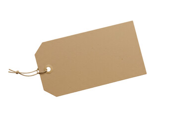 Isolated blank kraft paper tag, a rectangular price tag with a reinforced hole and natural jute...