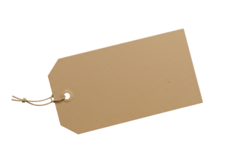 Isolated blank kraft paper tag, a rectangular price tag with a reinforced hole and natural jute twine