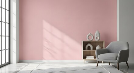 Create a modern living room design with stylish furniture and a peaceful pink wall
