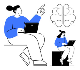 Person with laptop gesturing upward alongside brain graphic. Represents brainstorming, education, research, creative problem-solving, cognitive growth, innovation, and modern learning. Simple flat
