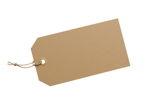 Isolated blank kraft paper tag, a rectangular price tag with a reinforced hole and natural jute twine