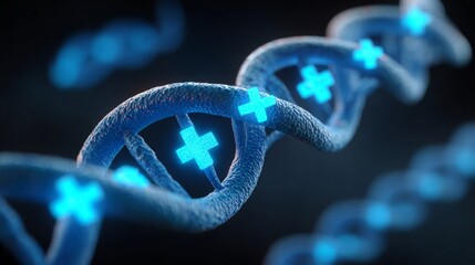 DNA Structure with Neon Crosses: A captivating visual representation of DNA strands, showcasing the double helix structure. Illuminated neon crosses accent the core of the DNA.