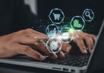 Hands typing on laptop with digital marketing icons overlay