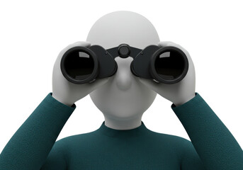 Isolated 3D rendering of a stick figure person looking through binoculars, depicting observation,...
