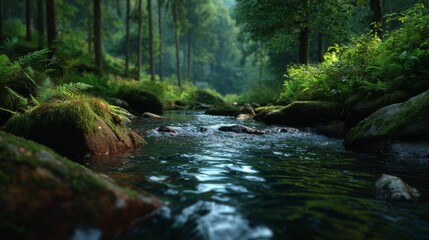 Emerald Embrace: A tranquil river flows through a lush, dense forest, its waters reflecting the verdant canopy above in a serene and natural scene.
