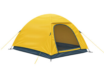 Isolated yellow dome camping tent with open door, tied down  cut out, no background © Luke