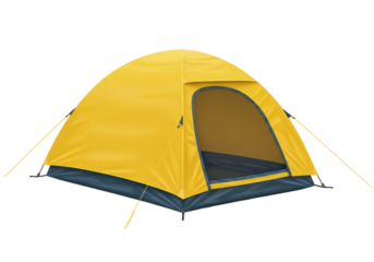 Isolated yellow dome camping tent with open door, tied down; cut out, no background