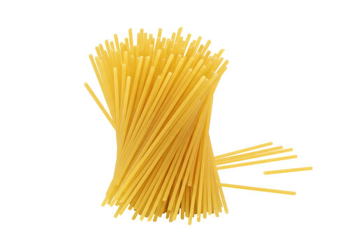 Isolated clump of raw spaghetti ready to cook a delicious, healthy pasta meal now.