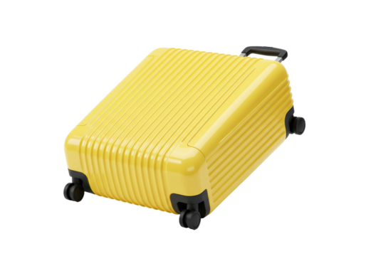Isolated Yellow Ribbed Hardshell Suitcase with Four Wheels, Telescoping Handle, and Grooved Surface for Travel and Transportation on White Background