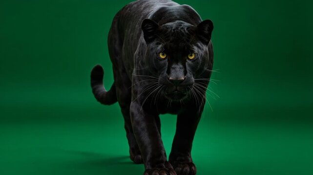 A majestic black panther with piercing yellow eyes walks forward with a stealthy and powerful gait against a solid green background