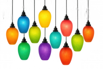 Twelve vibrant hanging lamps in various colors against a transparent background, creating a cheerful and modern atmosphere