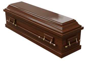 Isolated Brown Wooden Coffin with Golden Handles for Funeral Services, Burial, and Remembrance