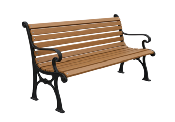 Isolated park bench with wooden slats and ornate black cast iron frame on white
