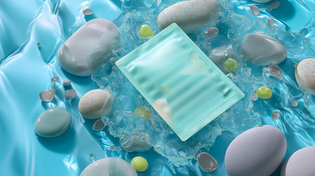 Pastel Pack in Water Displaying Fresh Skincare Product Stones Elements