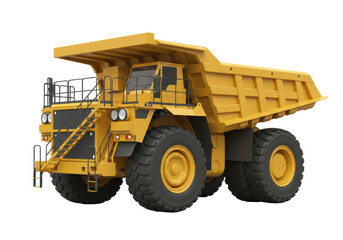 Isolated Yellow Heavy Mining Dump Truck with Raised Dump Body on White Background