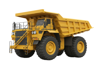 Isolated Yellow Heavy Mining Dump Truck with Raised Dump Body on White Background