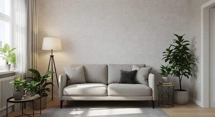 Fototapeta premium Elegant living room design featuring comfortable sofa and stylish indoor plants decor idea