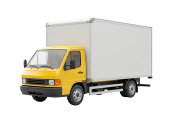 Isolated Yellow Box Truck: Commercial Transport Vehicle with White Cargo Container, Delivery Van, and Cab Over Engine Design on Seamless White Background