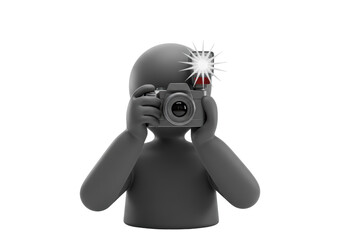 Isolated photographer shooting with camera using flash, gray 3d rendering on white