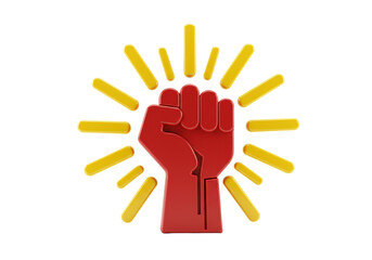 Isolated glossy 3D illustration of a red power fist with yellow light rays around it