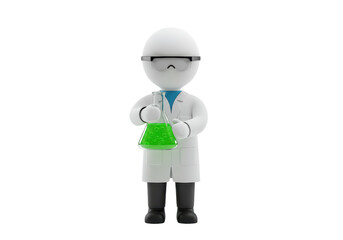 Isolated 3D cartoon scientist holding a green liquid in a laboratory flask illustration