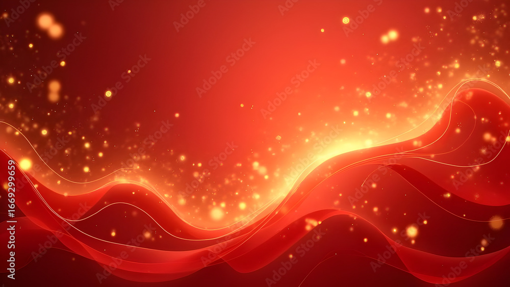 Poster abstract red background with flowing lines and glittering bokeh effect
