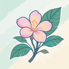 Artistic Handdrawn Pink Blossom Flower with Green Leaves Botanical Illustration