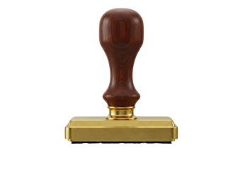 Isolated Detailed Wood Handled Brass Square Stamp Front View on White Background