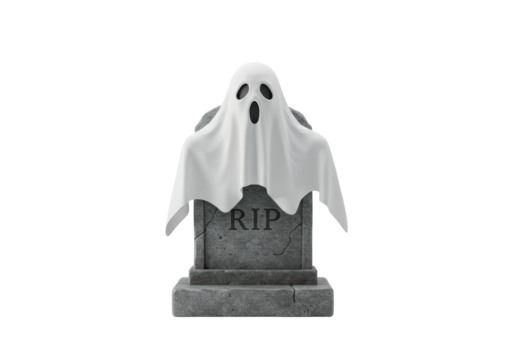 Isolated Halloween Tombstone and Spooky Ghost with Sheet, RIP, Costume, no background