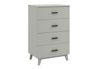 Isolated four drawer chest featuring mid-century modern design on white backdrop