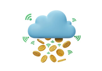 Isolated Light Blue Cloud with Money Falling Amidst Green WiFi Signal Icons, Abundance