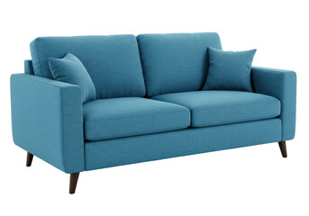 Isolated teal upholstered couch with throw pillows and wooden legs, set for relaxation