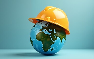 Earth with a safety helmet, highlighting the importance of workplace health and safety, celebrating World Day of Safety and Health at Work, global protection theme. High quality