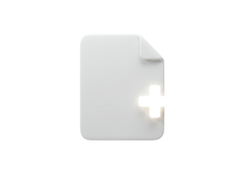 Isolated blank document icon with folded corner and plus sign, symbolizing addition, creation, or medical record