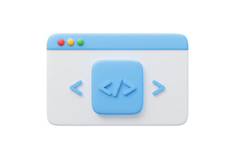 Isolated 3D rendering of a web development window with greater less than symbols.